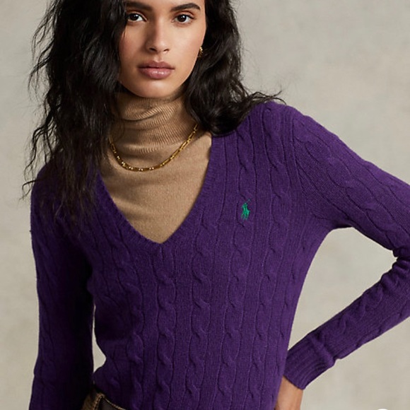 Polo Ralph Lauren Purple Cable V Neck Sweater L - Picture 2 of 11